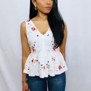 J. Crew | White 100% Cotton Floral beaded peplum V Neck top